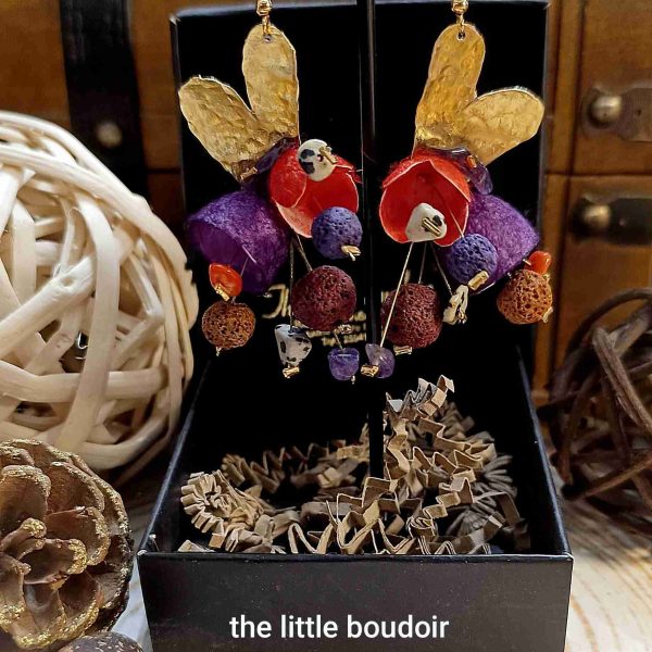 Colourful silk cocoons hearts earrings