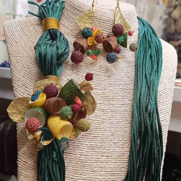 Vintage necklace with colourful silk cocoons