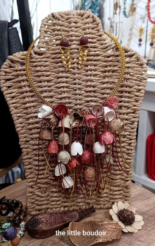 Brown red silk cocoons necklace